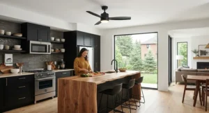 A matte black small kitchen ceiling fan adding a bold, modern accent to an open-concept kitchen.