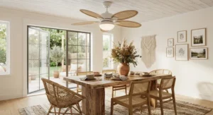 Boho-inspired casual dining room ceiling fan with rattan accents styling a warm, inviting family dining space.
