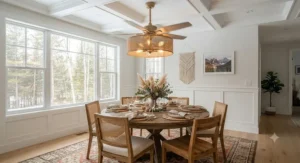 Boho-inspired rattan chandelier ceiling fan adding texture and air circulation to a bright Canadian dining room.