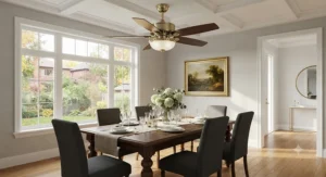 An elegant ceiling fan for a dining room featuring brushed brass accents and reversible blades.