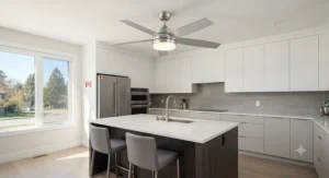 A durable brushed nickel kitchen ceiling fan with light providing efficient airflow and illumination.