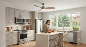 A brushed nickel small kitchen ceiling fan complementing stainless steel kitchen appliances.