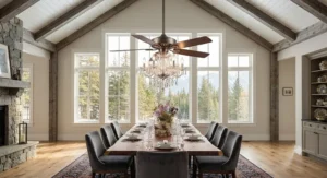 A ceiling fan with an integrated LED light kit and chandelier elements suited for a high dining room ceiling.