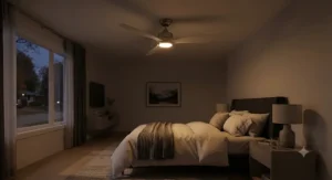 A quiet ceiling fan for a bedroom with a dimmable integrated LED light illuminating a serene sleeping space.