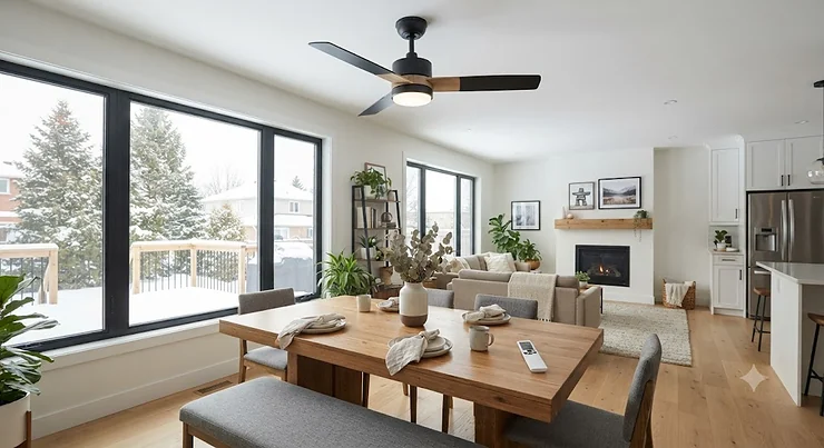 Modern dining room ceiling fan with remote control installed in a contemporary Canadian home. dining room ceiling fans with remote