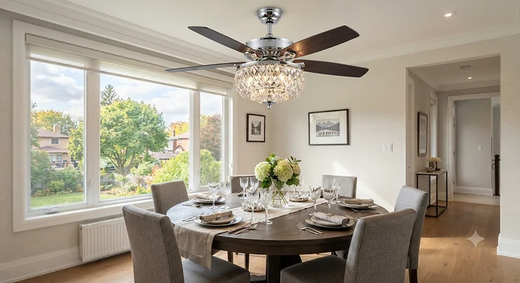 An elegant ceiling fan for a dining room showcasing a modern crystal chandelier style in a bright Canadian home.
