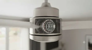Close-up of a quiet ceiling fan for a bedroom featuring an energy-efficient DC motor for silent operation.