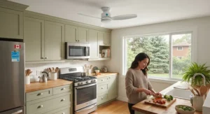 An Energy Star certified small kitchen ceiling fan helping Canadian homeowners reduce utility costs.