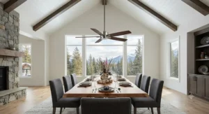 Ceiling fan featuring an extra-long downrod designed for optimal airflow in a tall cathedral-ceiling dining space.