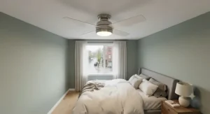 Flush mount ceiling fan with light designed for low bedroom ceilings in Canadian apartments