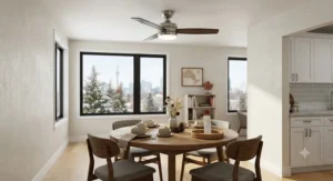 Flush mount dining room ceiling fan with remote control for low ceilings in Canadian apartments.