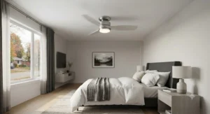 A low-profile flush-mount quiet ceiling fan for a bedroom with a low ceiling, ensuring safe and silent clearance.