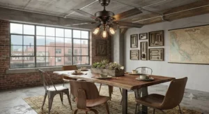 Industrial casual dining room ceiling fan with vintage Edison bulb accents hanging over an eclectic dining room setup.