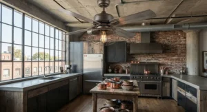 An industrial-style kitchen ceiling fan with light featured in an urban loft kitchen design.