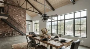 Industrial-style metal ceiling fan installed with an extended downrod in a high-ceiling dining room.