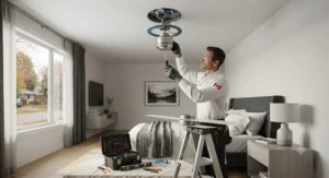 A professional installing a quiet ceiling fan for a bedroom to ensure balanced and vibration-free performance.