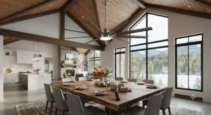 Large dining room ceiling fan with remote control suitable for high vaulted ceilings in Canadian properties.