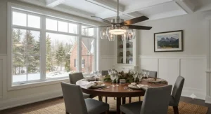 Energy-efficient LED dimmable chandelier ceiling fan providing warm ambient lighting for family dinners in Canada.