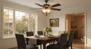 A low-profile flush mount ceiling fan for a dining room with standard eight-foot ceilings.