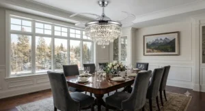 Elegant crystal chandelier ceiling fan illuminating a formal dining room setup tailored for Canadian interior design.