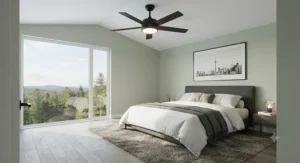 Matte black ceiling fan with light adding a contemporary touch to a Canadian master bedroom