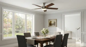 A sophisticated matte black elegant ceiling fan for a dining room set against a neutral feature wall.