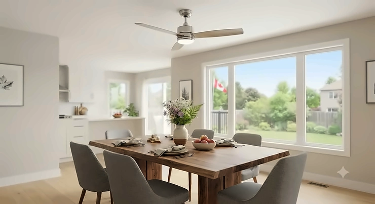 A modern casual dining room ceiling fan installed above a wooden table in a bright, contemporary Canadian home.