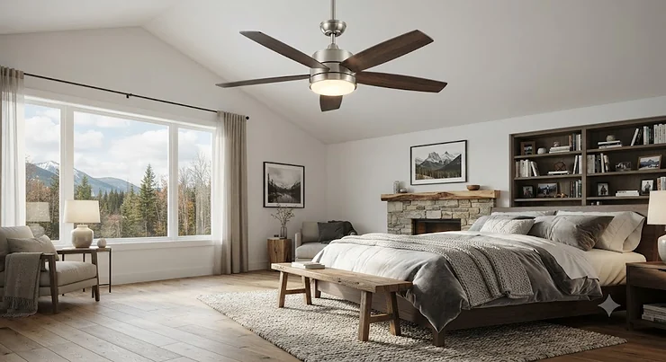 Modern ceiling fan with light installed in a spacious master bedroom, ideal for Canadian homes ceiling fan with light for master bedroom