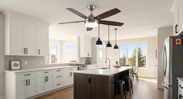 A modern kitchen ceiling fan with light installed in a bright, open-concept Canadian home.