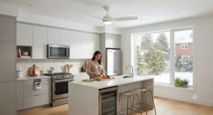 A sleek white small kitchen ceiling fan blending seamlessly into a contemporary Canadian home design.