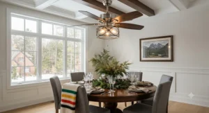Chandelier ceiling fan with a reversible motor for Canadian winters, keeping dining rooms cozy and warm.