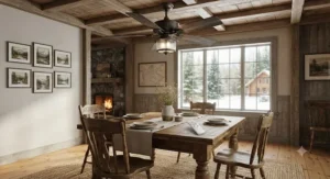 Rustic wooden dining room ceiling fan with remote control in a traditional Canadian country house.