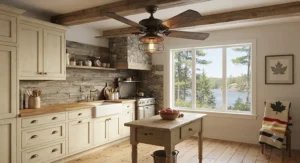 A rustic wooden kitchen ceiling fan with light adding warmth to a traditional Canadian cottage kitchen.