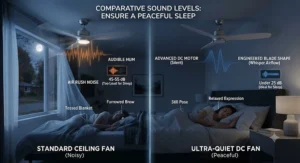 An illustration comparing sound levels, highlighting an ultra-quiet ceiling fan for a bedroom that ensures a peaceful sleep.