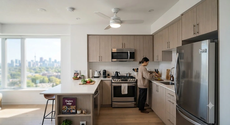 A compact small kitchen ceiling fan installed in a modern Canadian condo kitchen to improve airflow.