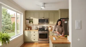 A small kitchen ceiling fan with convenient wall switch and remote control options in a cozy kitchen.
