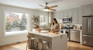 A small kitchen ceiling fan featuring an energy-efficient LED light fixture above a kitchen island.