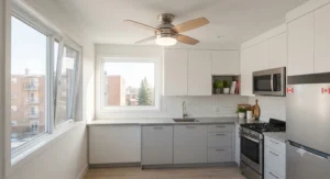 A compact small kitchen ceiling fan with light ideal for apartment kitchens and small spaces.