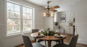 Compact chandelier ceiling fan designed for smaller Canadian dining rooms, offering style and year-round comfort.