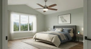 Smart ceiling fan with light featuring remote control and reversible motor for year-round comfort