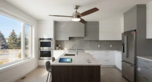 A smart kitchen ceiling fan with light featuring remote and smartphone compatibility.