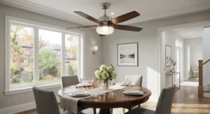A stylish dining room ceiling fan featuring an integrated LED light kit and dark wood blades.