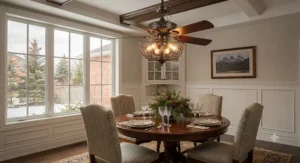 Traditional bronze chandelier ceiling fan suspended over a classic dining table in a suburban Canadian home.