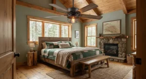 Rustic wood blade ceiling fan with integrated light complementing cozy master bedroom decor