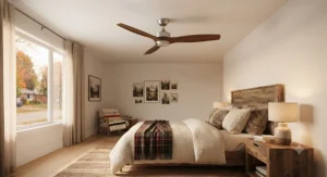 A wood-finished quiet ceiling fan for a bedroom complementing a cozy and warm Canadian interior design style.