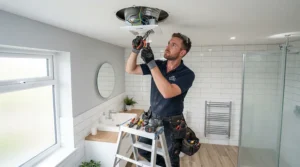 Installing a modern bathroom exhaust fan in a Canadian home ceiling during a renovation project.