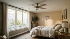 A ceiling fan for basement bedroom working alongside an egress window to maximize natural airflow and comfort.