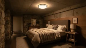 A sleek ceiling fan for basement bedroom installed in a cozy, modern subterranean sleep space with warm lighting.