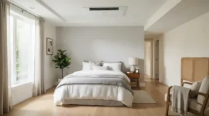 An efficient ceiling fan for basement bedroom inside a bright rental suite with neutral decor and comfortable furnishings.