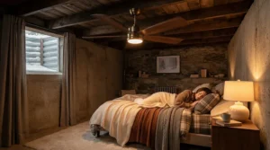 A ceiling fan for basement bedroom operating in reverse mode to redistribute trapped warm air during colder months.